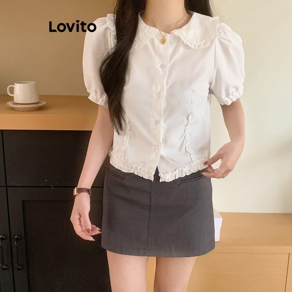 Lovito เสื้อเบลาส์ลําลอง แต่งกระดุม สําหรับผู้หญิง LNA59030