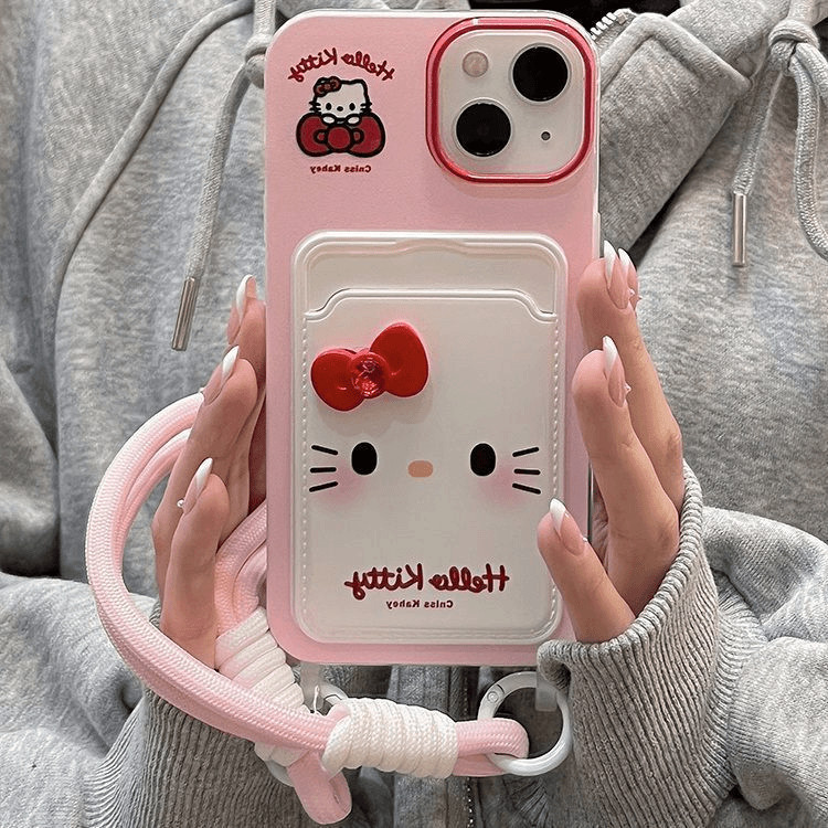 Hello Kitty เชือกแขวนกระเป๋า iPhone กรณีเหมาะสําหรับ iPhone 14/15 PLUS การ์ตูนน่ารัก XSMAX 13PRO 7/8 นุ่ม Anti Drop 11/12 PROMAX X/XS XR