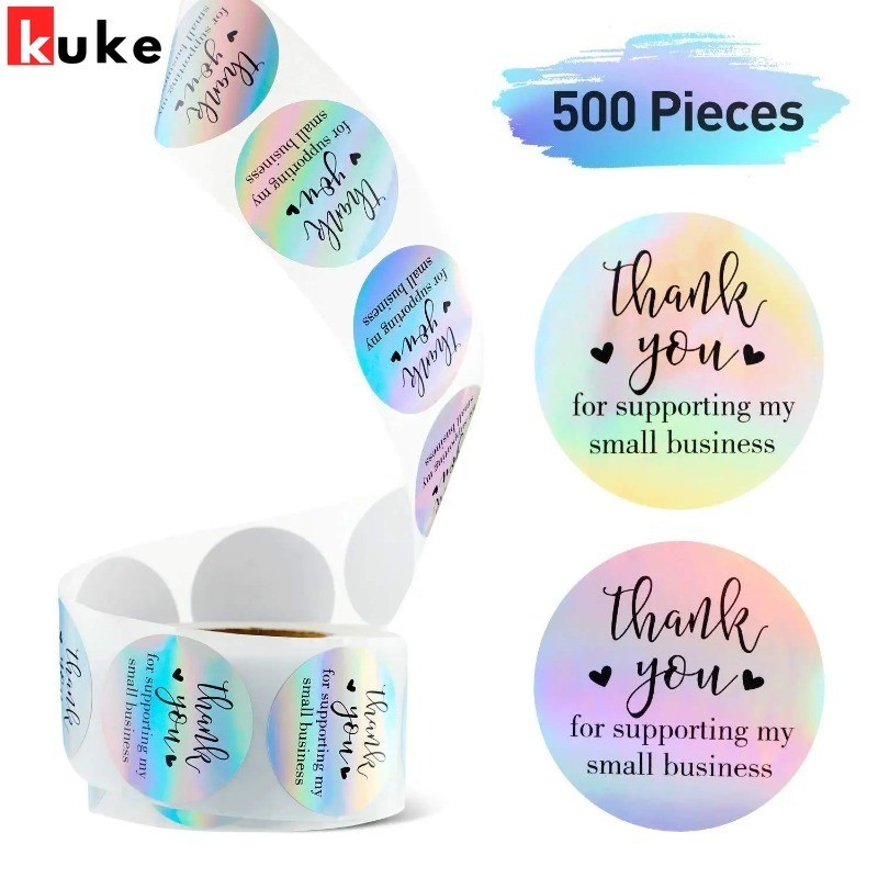 500ชิ้นสายรุ้งเลเซอร์ขอบคุณป้าย-วงกลมม้วนสติกเกอร์ติดด้วยตนเอง-สติกเกอร์บรรจุภัณฑ์ของขวัญ ทําเอง -กันน้ําและเหนียว-สํานักงานเครื่องเขียน-ซองปิดผนึกสติก