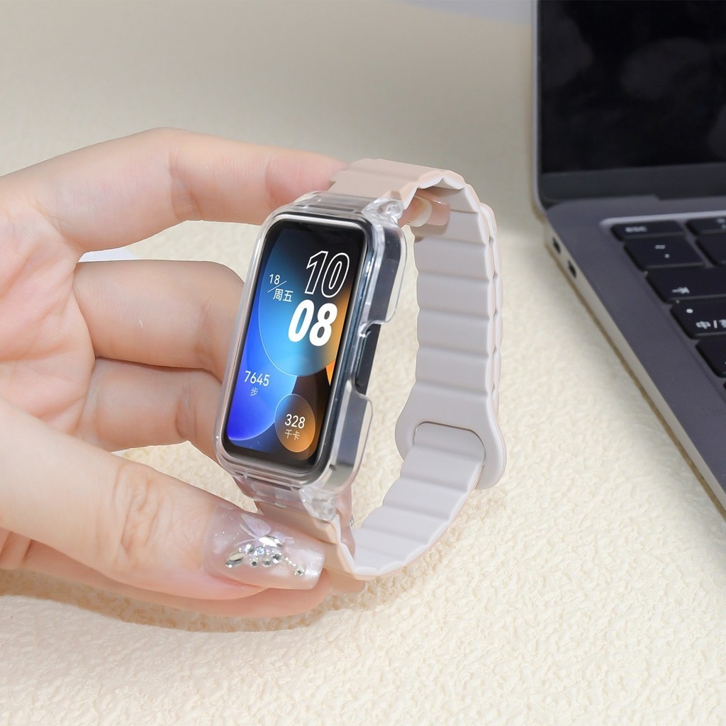 สายรัดข้อมือซิลิโคนแม่เหล็กพร้อมเคสสำหรับ Huawei Band 11pro 11 10 9 8 7 6 6pro สายรัดข้อมือซิลิโคนนุ่มสำหรับ Honor Band 10 9 7 6
