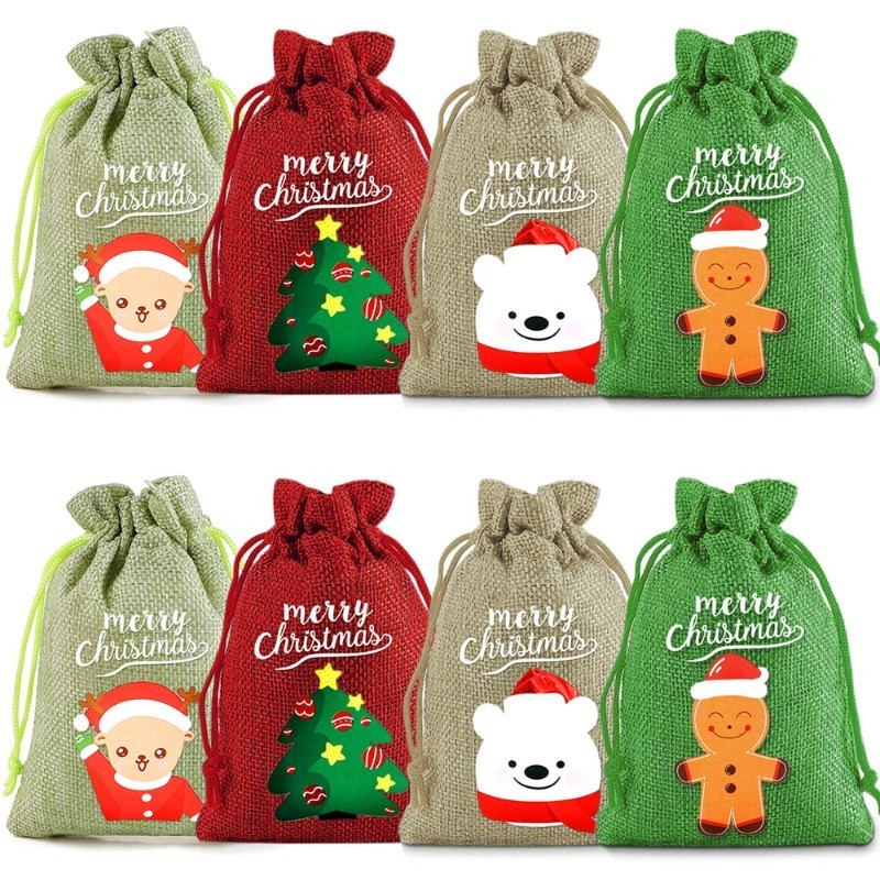 1pc คริสต์มาสผ้าลินิน Burlap กระเป๋า Santa Claus Snowman Elk Drawstring ถุงของขวัญ Candy กระเป๋าเก็บ Xmas ของขวัญ Pounch Christmas Party Supplies