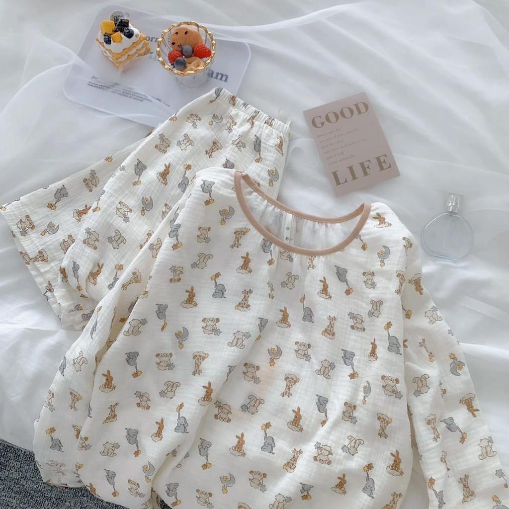 ชุดนอนกางเกงขายาวแขนยาว Homewear สูทการ์ตูนผ้ากอซหญิงฤดูใบไม้ผลิฤดูใบไม้ร่วงมูลค่าสูงหวาน