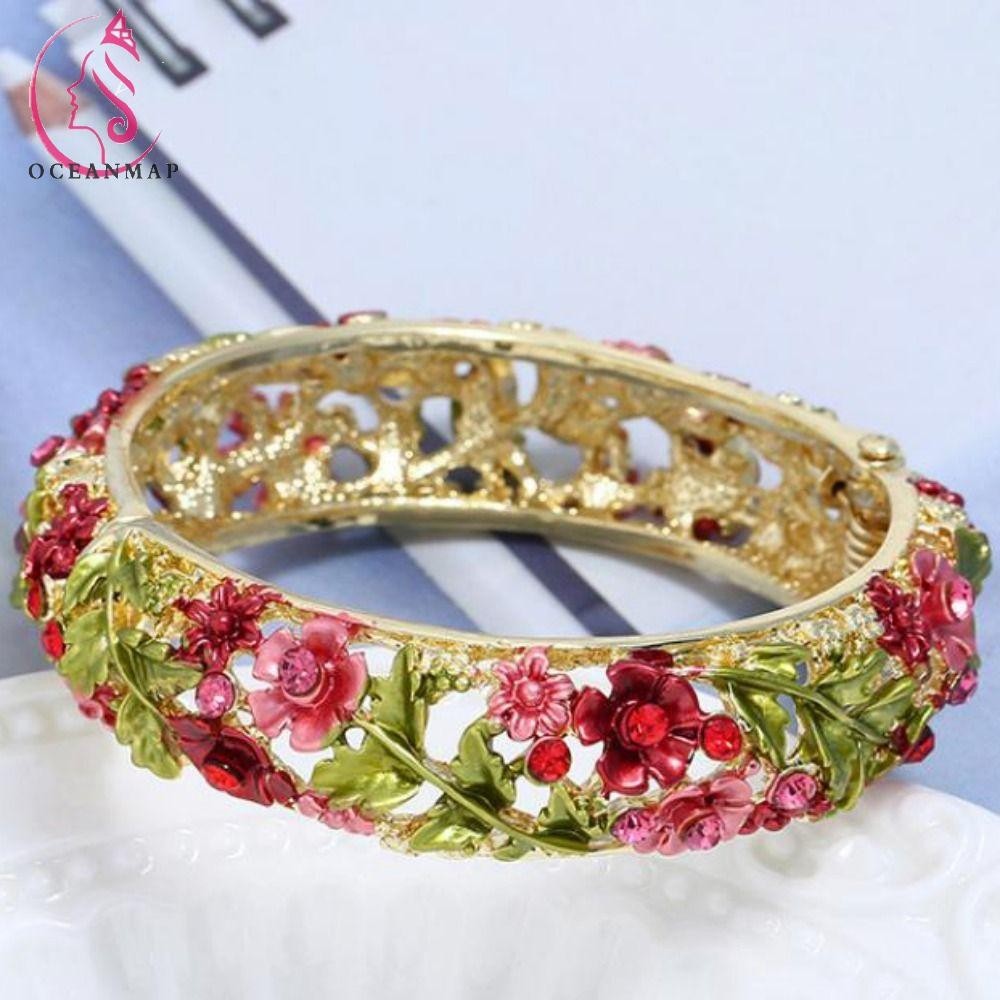 Oceanmap Hollow Out ดอกไม้กําไลข้อมือ,เคลือบคู่กําไลข้อมือจีน Cloisonne สร้อยข้อมือ, Bohemian Classic ชาติพันธุ์ Vintage สร้อยผู้หญิงเครื่องประดับ