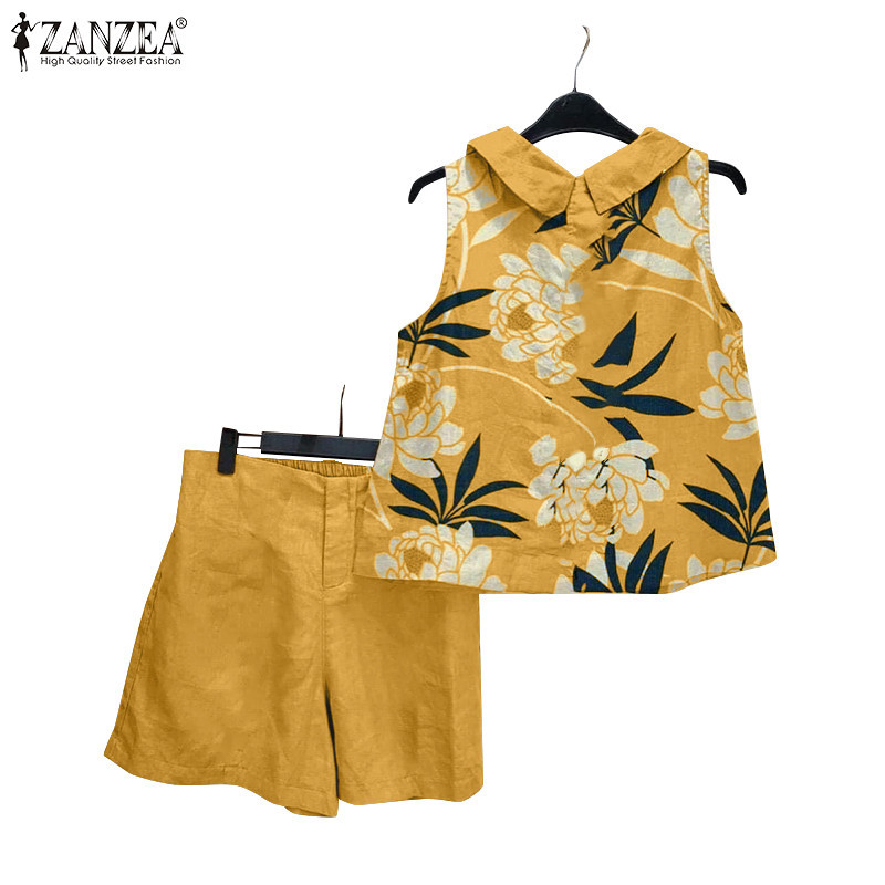 Zanzea เสื้อกั๊กพิมพ์ลายแขนกุดปกเกาหลีสําหรับผู้หญิง + ชุดกางเกงขาสั้นเอวยางยืด