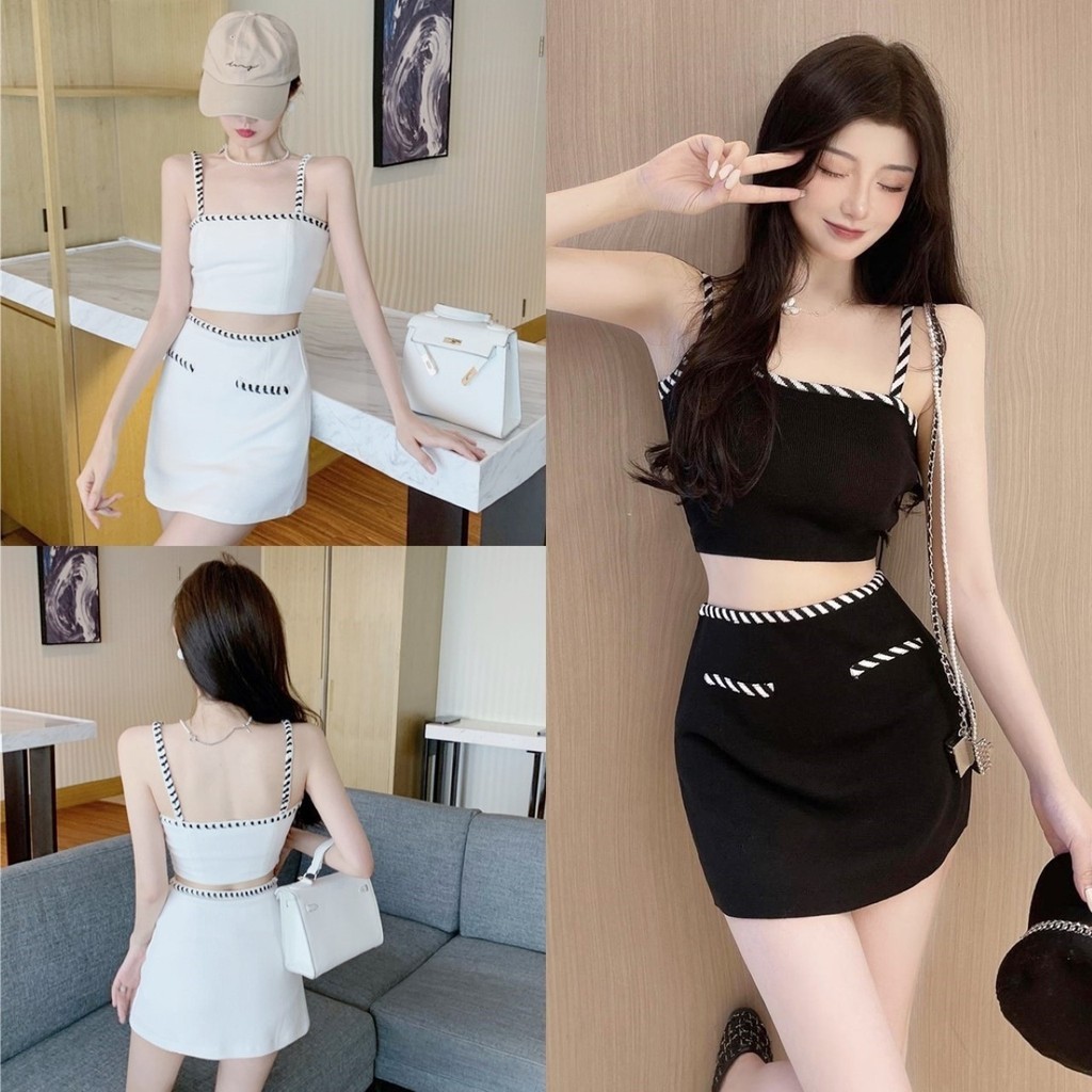 ราคาถูกที่สุด ชุดเซตไหมพรม2ชิ้น เสื้อสายเดี่ยวและกระโปรงสั้น ขอบแต่งลายสลับขาวดำ