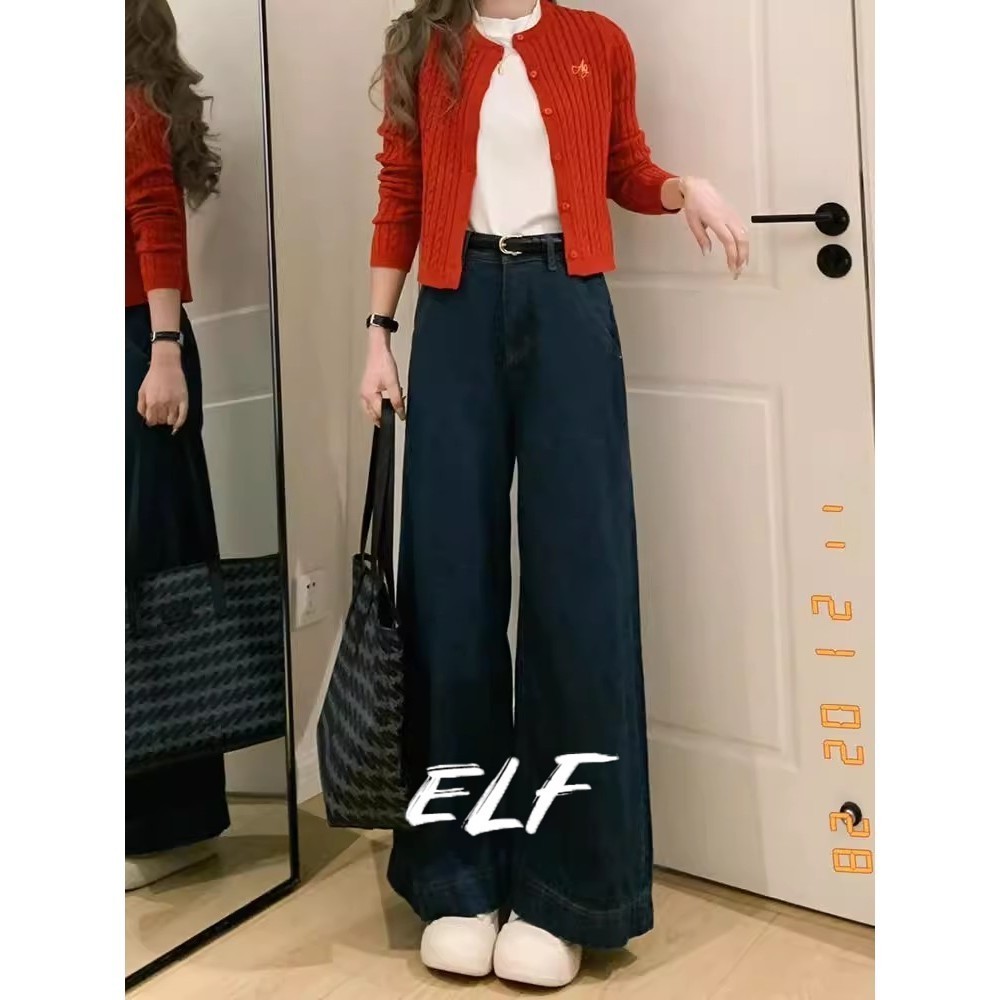 กางเกงยีนส์ขากว้างสีน้ําเงินเข้มสไตล์ใหม่ของฤดูร้อนผู้หญิงทรงหลวมเอวสูงใส่แล้วดูผอมและกางเกงบานเล็กน้อย