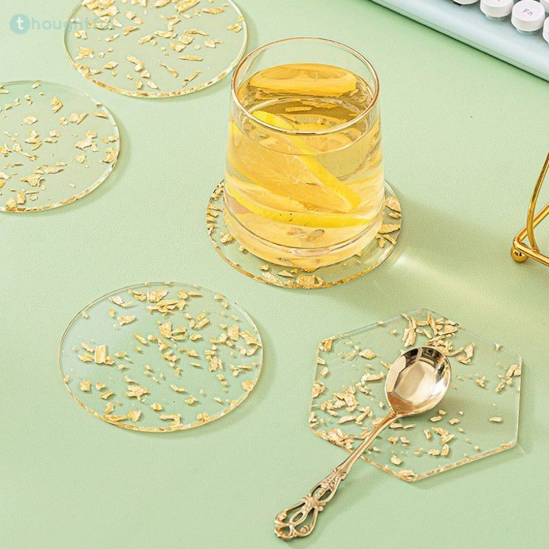 ทองฟอยล์ Coaster รอบหกเหลี่ยมอะคริลิคใสถ้วยความร้อนฉนวนกันความร้อน Anti-Skid แก้วกาแฟ Coaster Home Decor TH