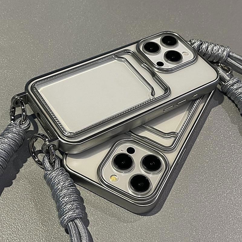 Iphone การ์ดโปร่งใสบรรจุภัณฑ์สําหรับ IPhone 15ProMax เคสโทรศัพท์ Apple 14plus โลหะเรียบง่าย 12 พรีเมี่ยม 13 นิ่ม 11ins เงินสายสั้น