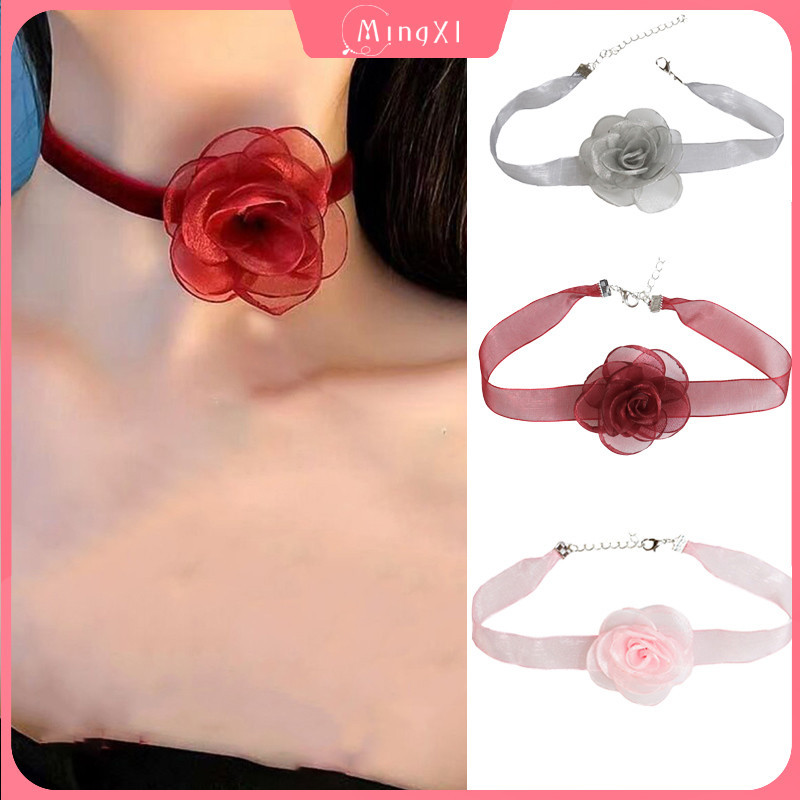 สีทึบ Camellia สร้อยคอผู้หญิง Tulle ดอกไม้ Clavicle Chain Choker อุปกรณ์เสริม