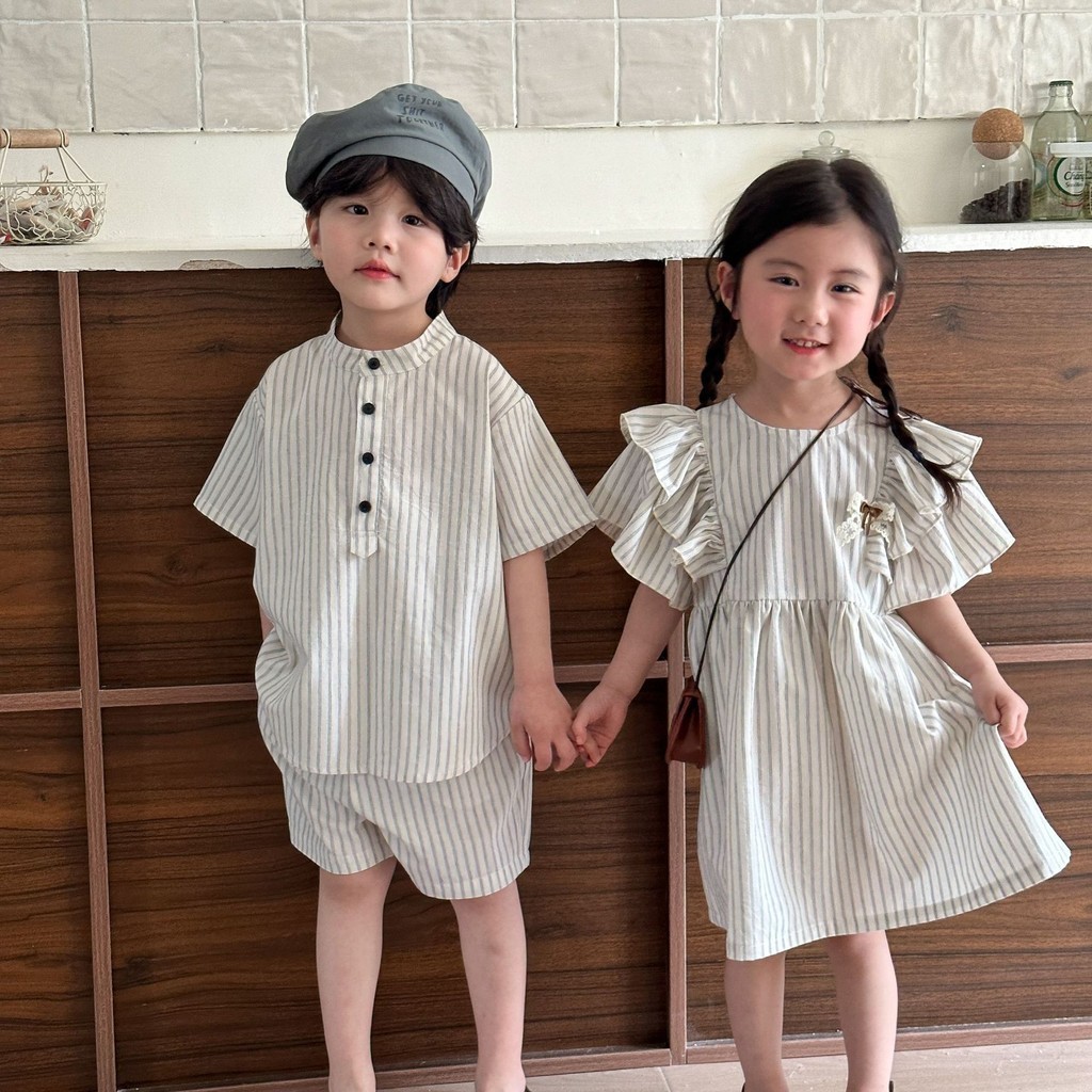 ชุดเด็กฤดูร้อน แขนสั้น ผ้าฝ้าย ลายทาง แฟชั่นพี่น้อง ใส่สบาย 2-6 ปี