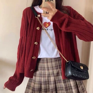 Veewink พร้อมส่งจากกรุงเทพ เสื้อสเวตเตอร์คริสต์มาส เสื้อคลุมคาร์ดิแกน สีพื้น สไตล์เกาหลี แขนยาว ผ้าถัก สีแดง