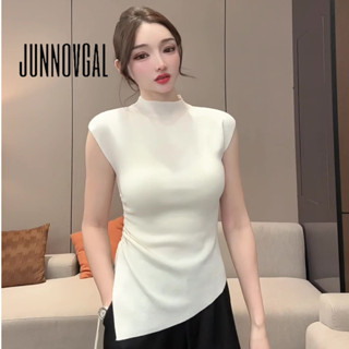 JUNNOVGAL เสื้อยืดผู้หญิงถักไม่สม่ําเสมอคอกลมแขนกุดสีทึบสไตล…