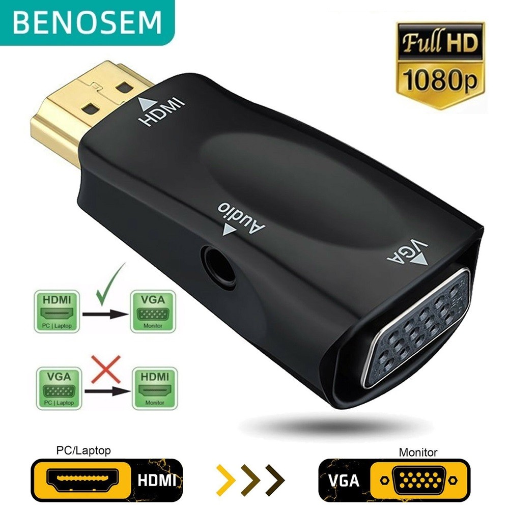 Benosem HDMI to VGA Converter Full HD 1080P HDMI แล็ปท็อป PC Desktop to VGA Monitor HDTV อะแดปเตอร์ 3.5 มม.สายแจ็คเสียง