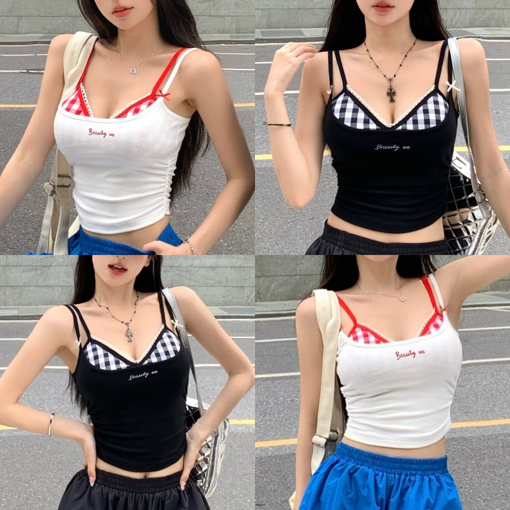 Luna Shop 🍒 สไตล์อเมริกัน y2k💋ร้อนแรงและเซ็กซี่✨เสื้อกล้าม High Street🎀 โบว์ สำหรับผู้หญิง หน้าร้อน