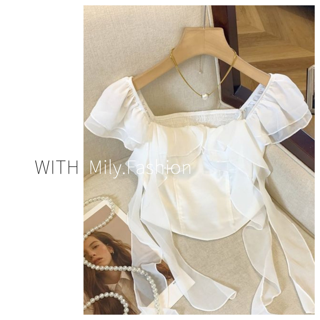 Milyfashion One-Shoulder ซาตินเย็บสลิงผู้หญิงฤดูร้อนสไตล์ใหม่เอวสูงสั้น Strapless Niche Chic ด้านนอกด้านบน