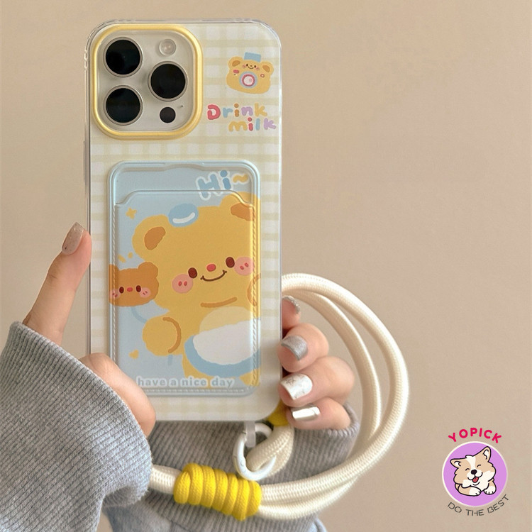 น่ารัก Butter Tหมีกระเป๋าสายรัดข้อมือเชือกแขวนเคสโทรศัพท์สําหรับIPhone 11 12 13Pro Max 14Plus XR XS Max 7 8 Plus SE2020 การ์ตูนฝาครอบโทรศัพท์สําหรับIPhone 15ProMaxซิลิโคนสาวGKB