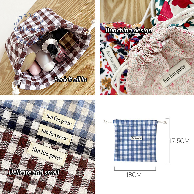 Oukwca al ผ้าฝ้ายลายสก๊อตกระเป๋า Drawstring สําหรับผู้หญิงแบบพกพา Finishing กระเป๋าแต่งหน้าน่ารัก Candy Organizer ใหม่