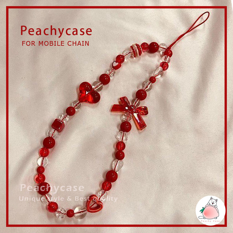 แฟชั่น Red Love Heart Bowknot Handiwork ลูกปัดโซ่โทรศัพท์มือถือโทรศัพท์ Charm สายคล้องพวงกุญแจสร้อยข้อมือ Anti-Lost Lanyard กล้อง Charm