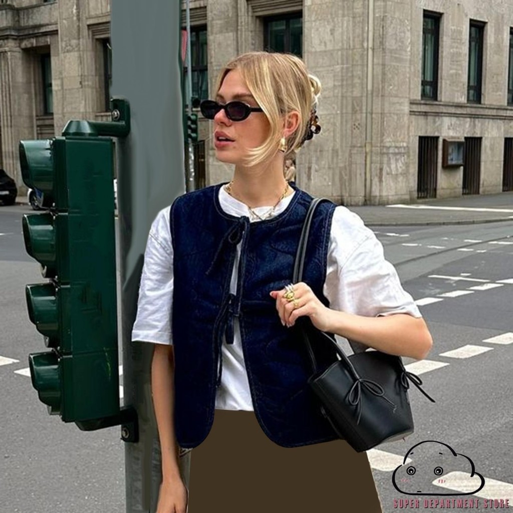 Super-women tidding Vest เสื้อแจ็คเก็ตแขนกุดแขนกุดคอวีลายสก๊อต