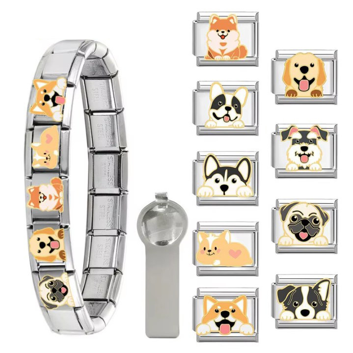 สัตว์ Series Charm Puppy Labrador ไซบีเรียน Husky อิตาเลี่ยน Charm Links Fit 9 มม.สร้อยข้อมือสแตนเลส DIY เครื่องประดับทํา Retro บุคลิกภาพโมดูลสร้อยข้อมืออุปกรณ์เสริม
