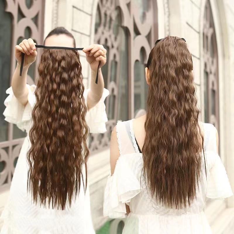 [จัดส่งท้องถิ่น]  รูปแบบสายรัดขึ้นลอนยาววิกผมหางม้าตรงข้าวโพดดัดแฟชั่นวิกผมสังเคราะห์อุปกรณ์เสริม