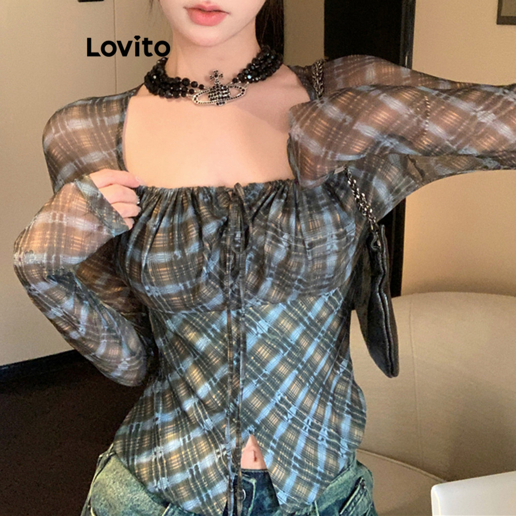 Lovito เสื้อยืดผู้หญิง ผ้าฝ้ายลายตาราง เลี่ยง เสื้อยืดfor ผู้หญิง ไม่เป็นทางการ ผ้าฝ้ายลายตาราง เลี่ยง T-Shirt LNA75483