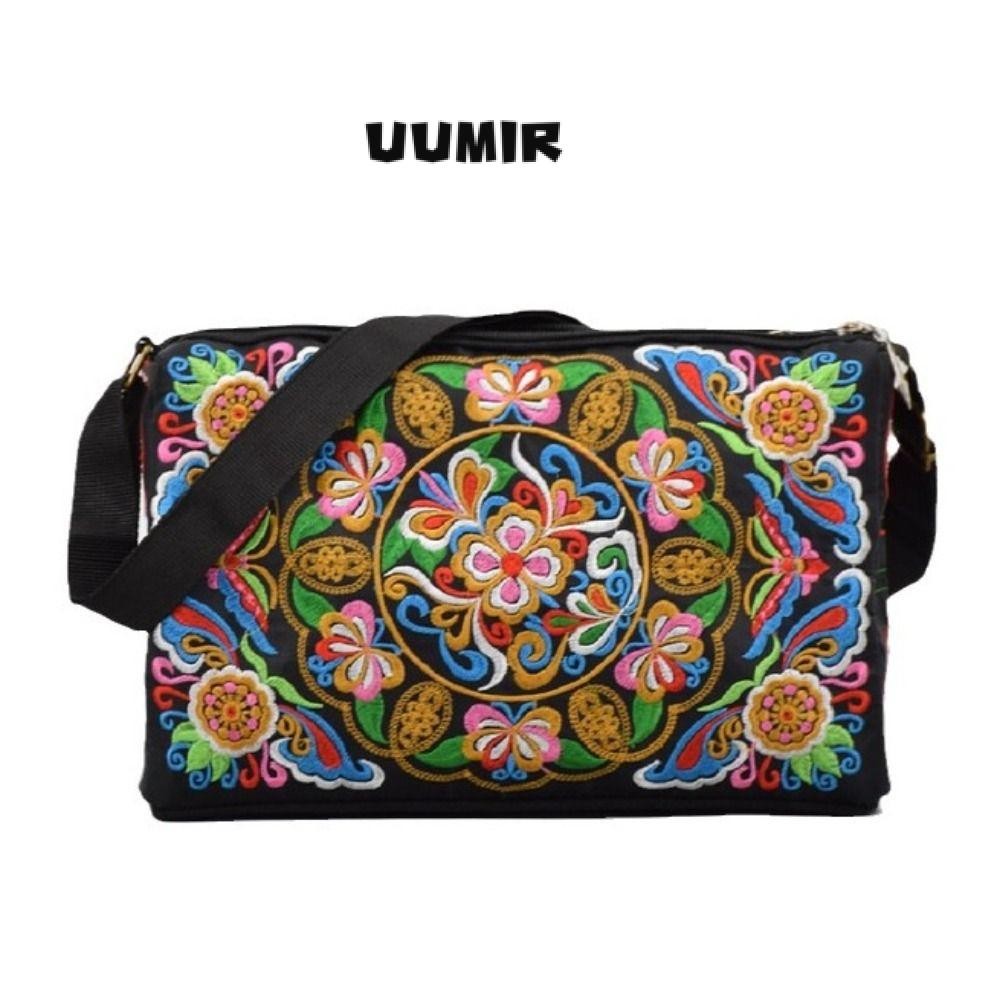 UUMIR กระเป๋าเย็บปักถักร้อย, สามซิปสไตล์ชาติพันธุ์ไหล่ ค โรสบอดี กระเป๋า, ผู้หญิงผ้าใบกระเป๋า ผู้สื่อสาร สองด้าน