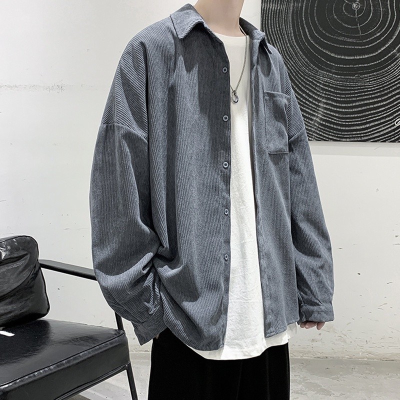 เสื้อเชิ้ตผู้ชายผ้าลูกฟูกเสื้อเชิ้ตแขนยาวอินเทรนด์สไตล์เกาห