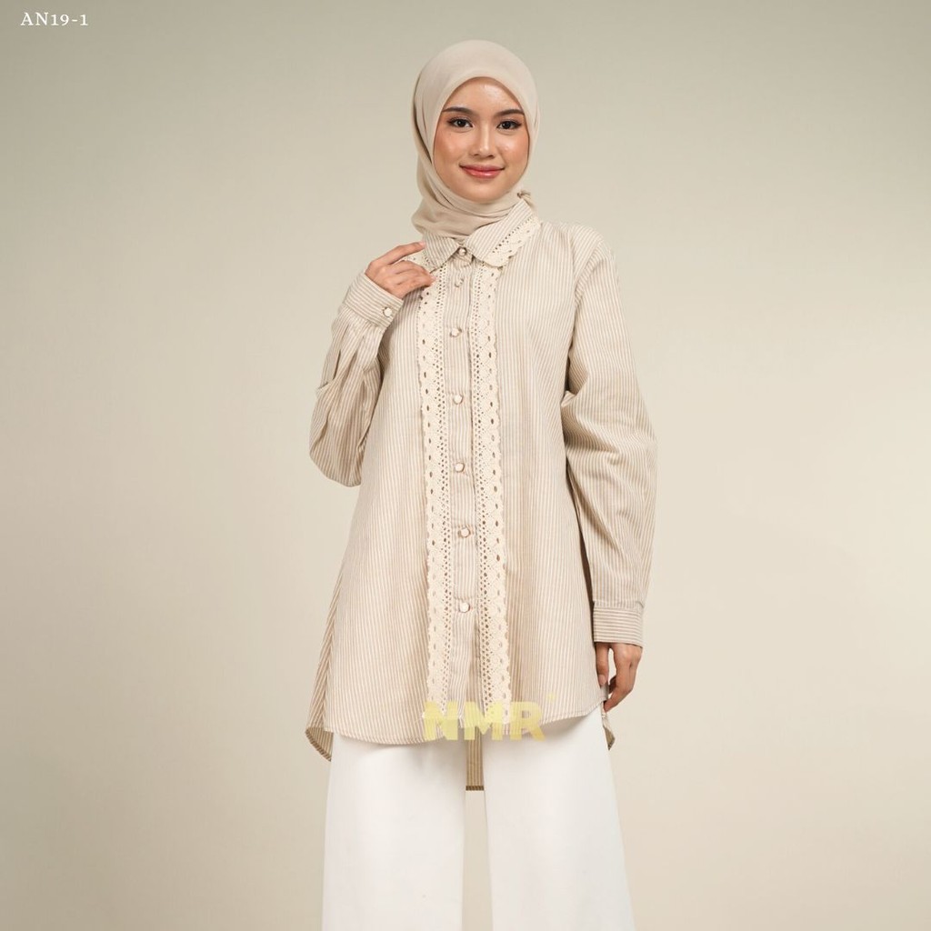 KEMEJA KATUN NMR AN19 เสื้อเชิ้ตผ้าฝ้ายลายทางลูกไม้ (คอปกเชิ้ต)