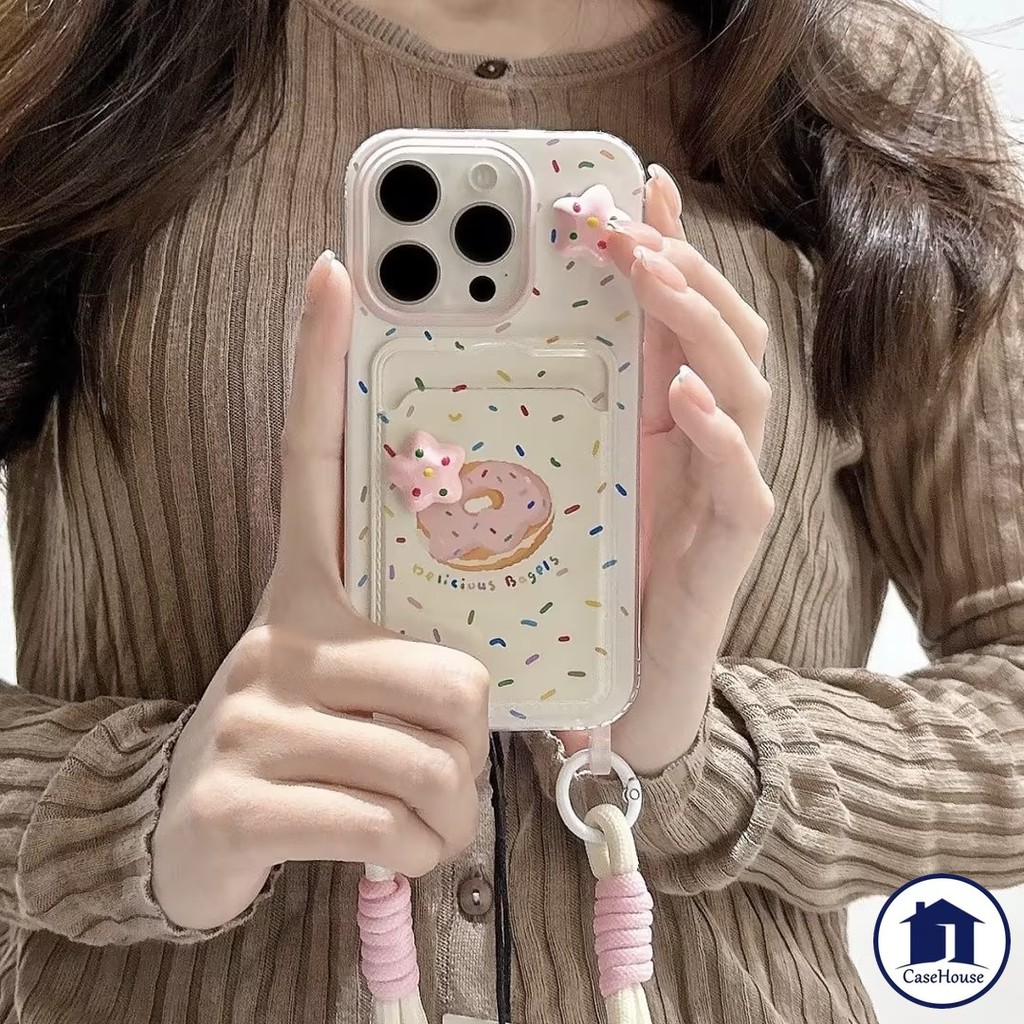 เคสแบบนุ่มพร้อมเชือกคล้องใส่บัตรรูปโดนัทสีสันสดใส เข้ากันได้กับ IPhone 7 8 Plus XR 11 14 13 12 15 Pro Max X 15Pro XS Max