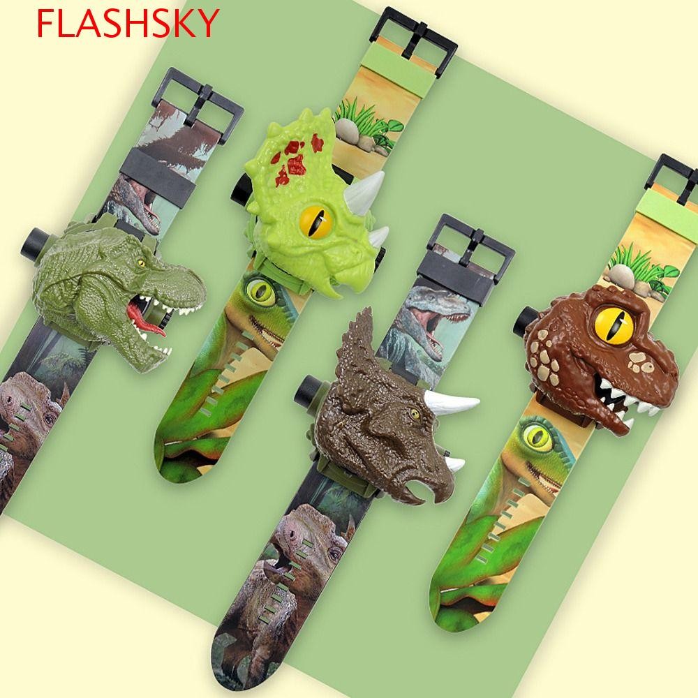 Flashsky นาฬิกาฉายไดโนเสาร์ บุคลิกภาพน่ารัก Tyrannosaurus Rex Triceratops LED ของเล่นเพื่อการศึกษานาฬิกาข้อมือดิจิตอล