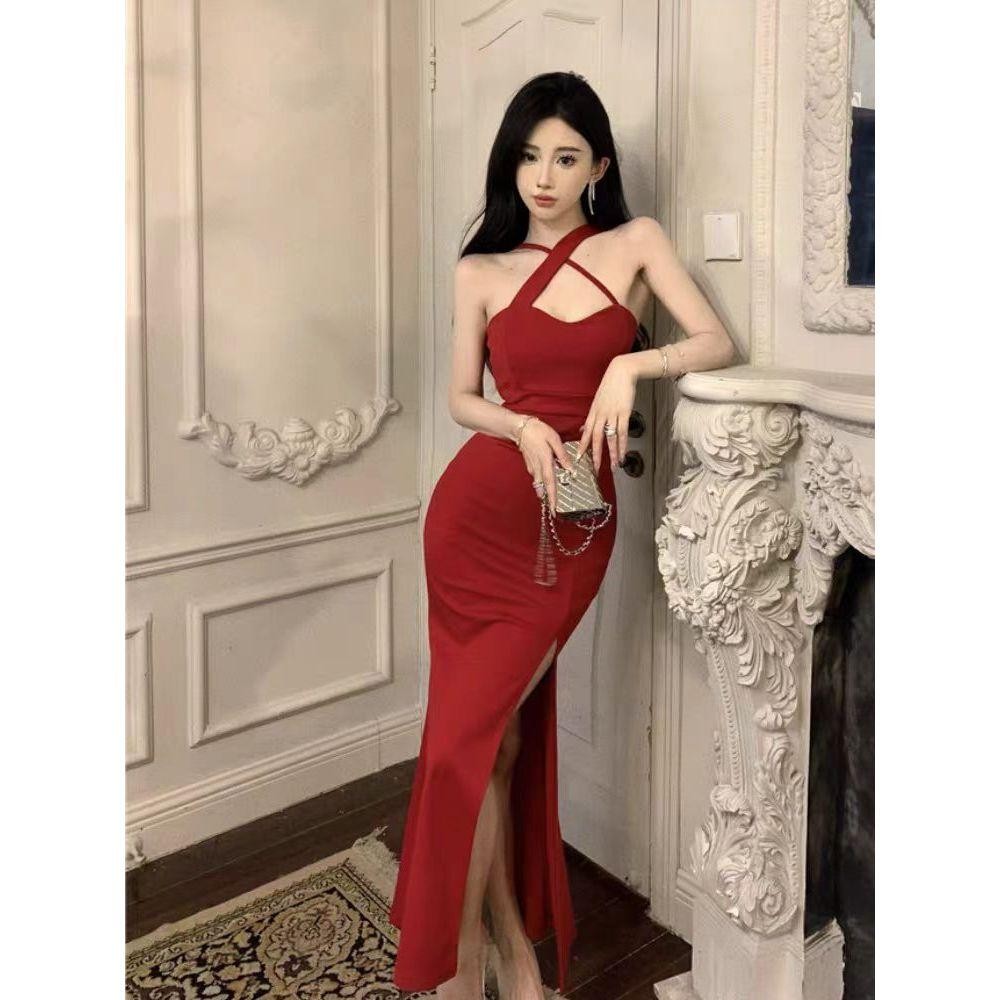 red dress เดรสยาว รัดรูป ผู้หญิง น่ารัก รัดรูป แขนกุด แฟชั่น คล้องคอ เรียบหรู ชุดราตรี XXL