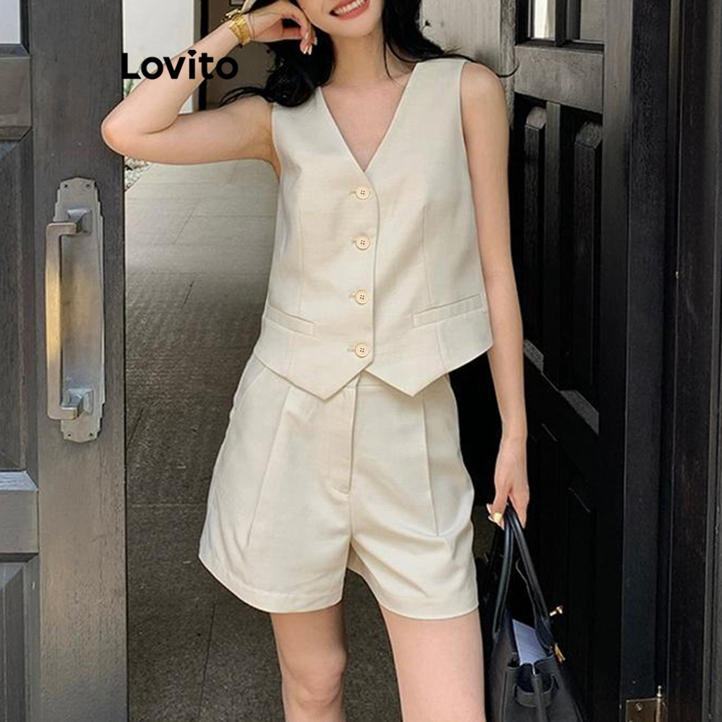 Lovito ชุดเซ็ทกางเกงขาสั้น มีกระดุม สีพื้น สไตล์ลำลอง สำหรับผู้หญิง LNM65148