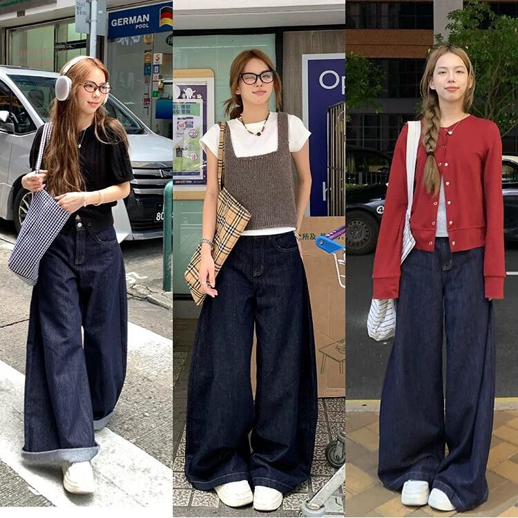 อัตราการกระจกสูงสุดต้องซื้อ!เกาหลี ins High Street Retro ขี้เกียจหลวมหลวมสีหลักกางเกงยีนส์ 2024 สไตล์ใหม่เกาหลีรุ่นหลวม All-Match Floor-Mo