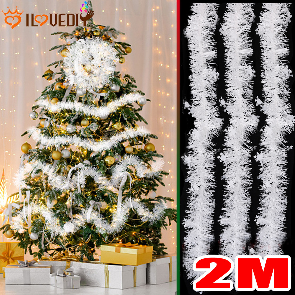 [ ที่โดดเด่น ] 2M คริสต์มาส Tinsel Ribbons - พืชเลียนแบบตกแต่ง - ริบบิ้นอ้อยสีขาว - เครื่องประดับพวงมาลัยคริสต์มาส DIY - เครื่องประดับตกแต่งเพดานหน้าต่างบ้าน