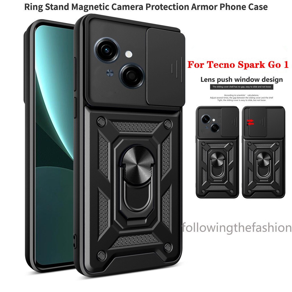 Hard กันกระแทกเคสโทรศัพท์สําหรับ Tecno Spark Go 1 Sparkgo Go1 2024 กรณีเกราะรถแม่เหล็กแหวนขาตั้งผู้ถือใหม่กล้องแฟชั่นป้องกันปกหลัง