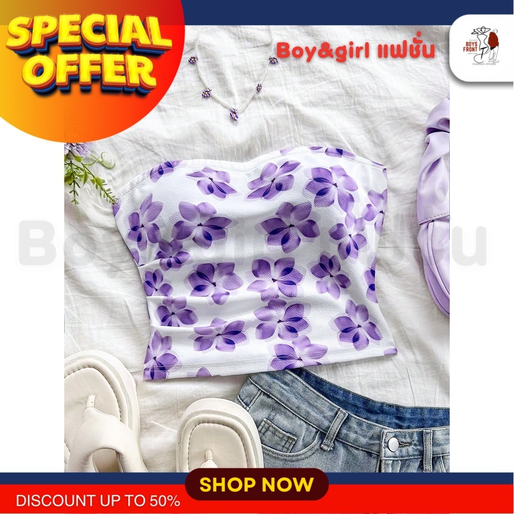 มาใหม่ 9 สี***เสื้อเกาะอกลายดอกไม้ ชุดโคเรียเกิร์ล เสื้อผ้าแนวสตรีท เสื้อยืดคิ้วท์ๆ ชุดแมทช์ง่าย