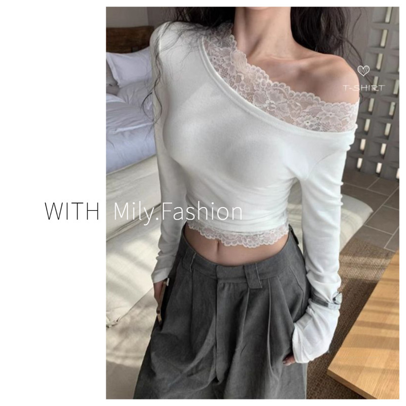 Milyfashion เสื้อยืดเปิดไหล่ลูกไม้เย็บต่อกันสำหรับสาวฮอตสุดฮอตเสื้อตัวสั้นเข้ารูปดีไซน์ต้นฤดูใบไม้ร่วง