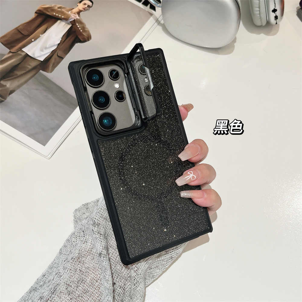 เลนส์ฝาครอบกระจกป้องกัน Glitter Biling เคสโทรศัพท์แม่เหล็กสําหรับ Samsung Galaxy S23 S24 Ultra S24 Plus S23FE กล้องพับขาตั้งปลอกกันกระแทกอะคริลิคปกหลัง