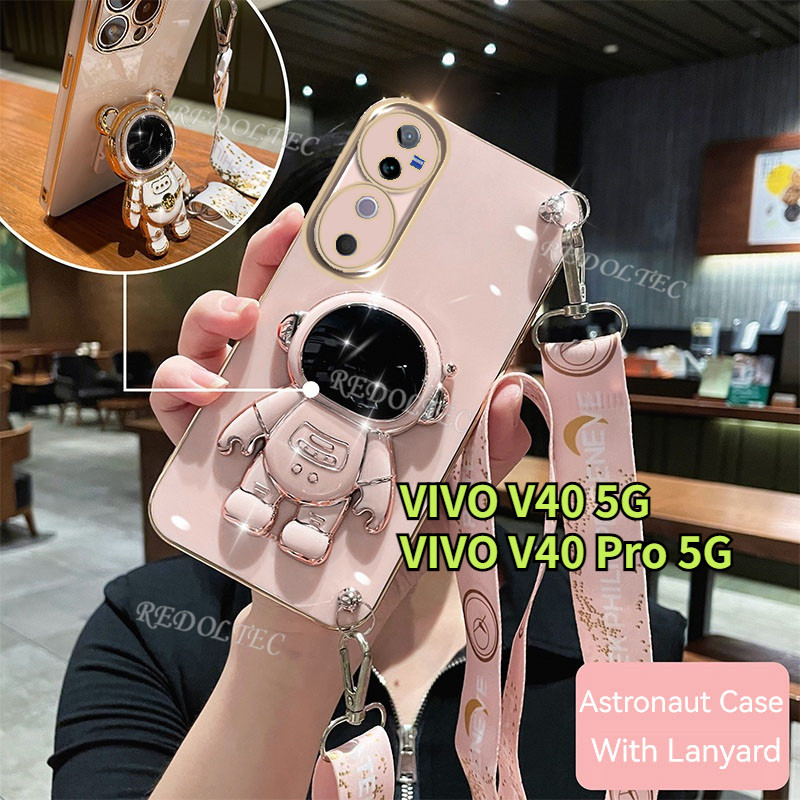 กรณี VIVO V40 V40 Pro 5G 2024 ใหม่แฟชั่นน่ารัก 6D Electroplated เคสโทรศัพท์ VIVOV40 VIVOV40Pro VIVO V40Pro นักบินอวกาศขาตั้งผู้ถือยาว Crossbody Lanyard สําหรับหญิง