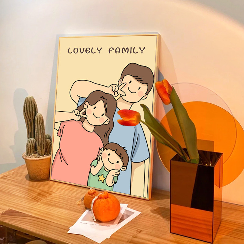 (พร้อมกรอบ) รูปการ์ตูนครอบครัวน่ารักผ้าใบวาดภาพพิมพ์ภาพ