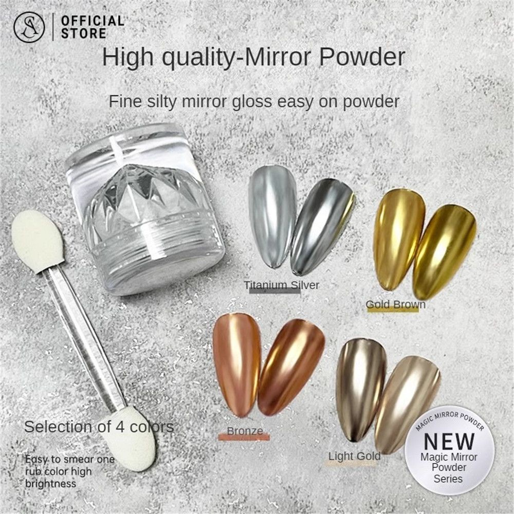 เล็บเมจิกกระจกผงไทเทเนียมโกลด์ผงความสว่างสูงชุบผงแสงจันทร์ผงเล็บพร้อมฟองน้ําแท่ง
