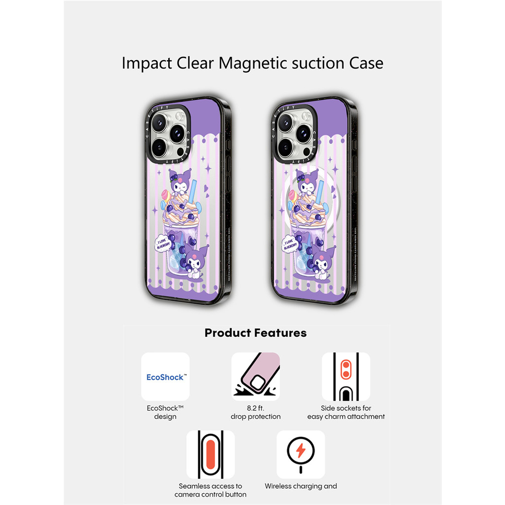 Casetify X Kuromi BlueBerry กรณีแม่เหล็กดูดอะคริลิคกรณีด้านหลังสําหรับ Apple IPhone 12 13 14 15 16 Pro Max Plus พร้อมกล่อง
