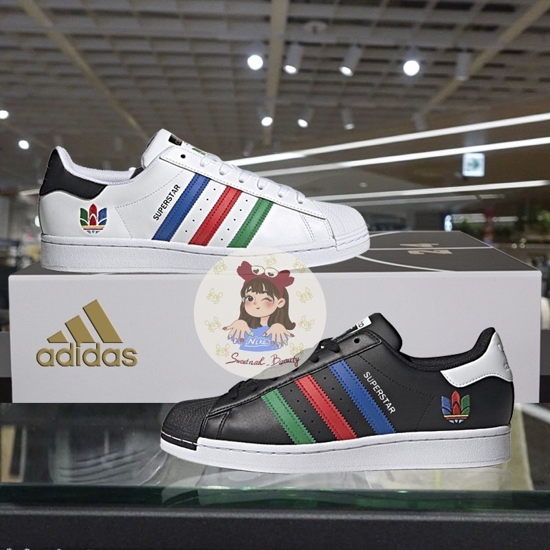 ADIDAS SUPERSTAR SHELL HEAD สีขาวสีดำทองป้ายสีแดงสีเหลืองสีฟ้า Adidas Clover รองเท้าผู้ชายรองเท้าผู้