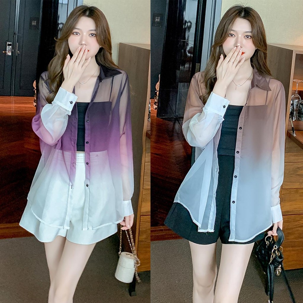 เสื้อเชิ้ตแขนยาว เสื้อคลุม เสื้อคลุม สไตล์เชิ้ต ผ้าชีฟองเนื้อดี แขนยาว ตัวใหญ่ ใส่สบาย#384Clothing Lady