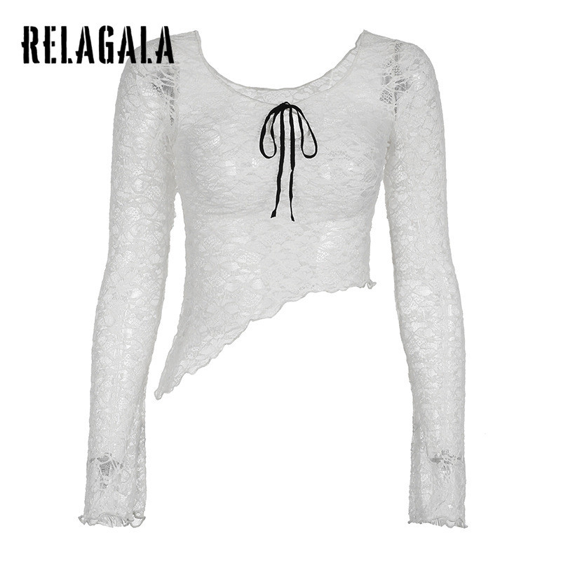 Relagala ผู้หญิง 2024 เอียง Hem ลูกไม้โบว์รอบคอมุมมองเซ็กซี่เสื้อแขนยาวกลวง