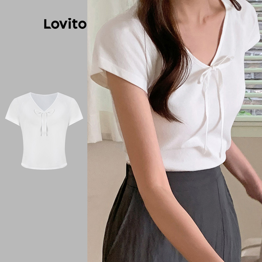 Lovito เสื้อยืดโบว์ธรรมดาสำหรับผู้หญิง L99ED209