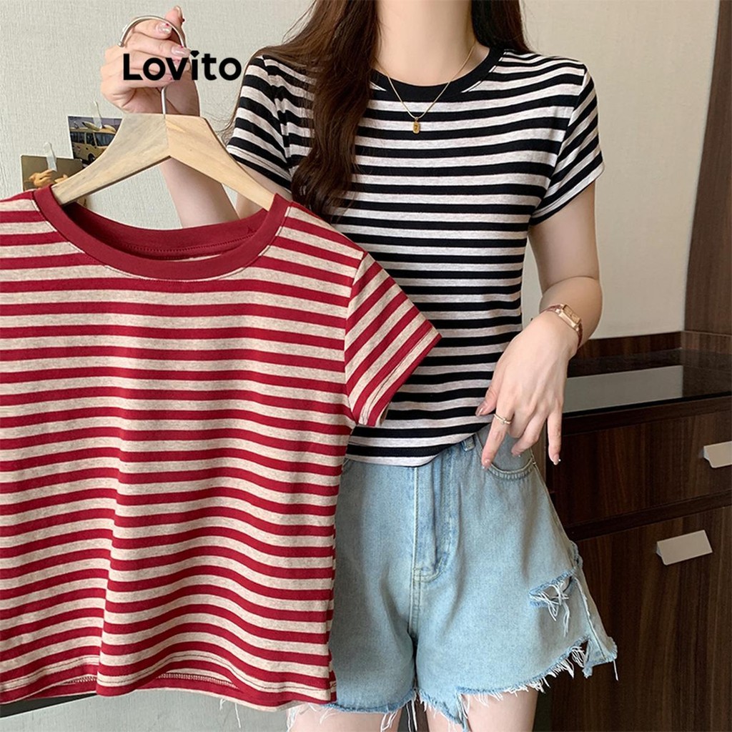 Lovito เสื้อยืด บล็อกสี ลายทางหรูหราสำหรับผู้หญิง LNE73444