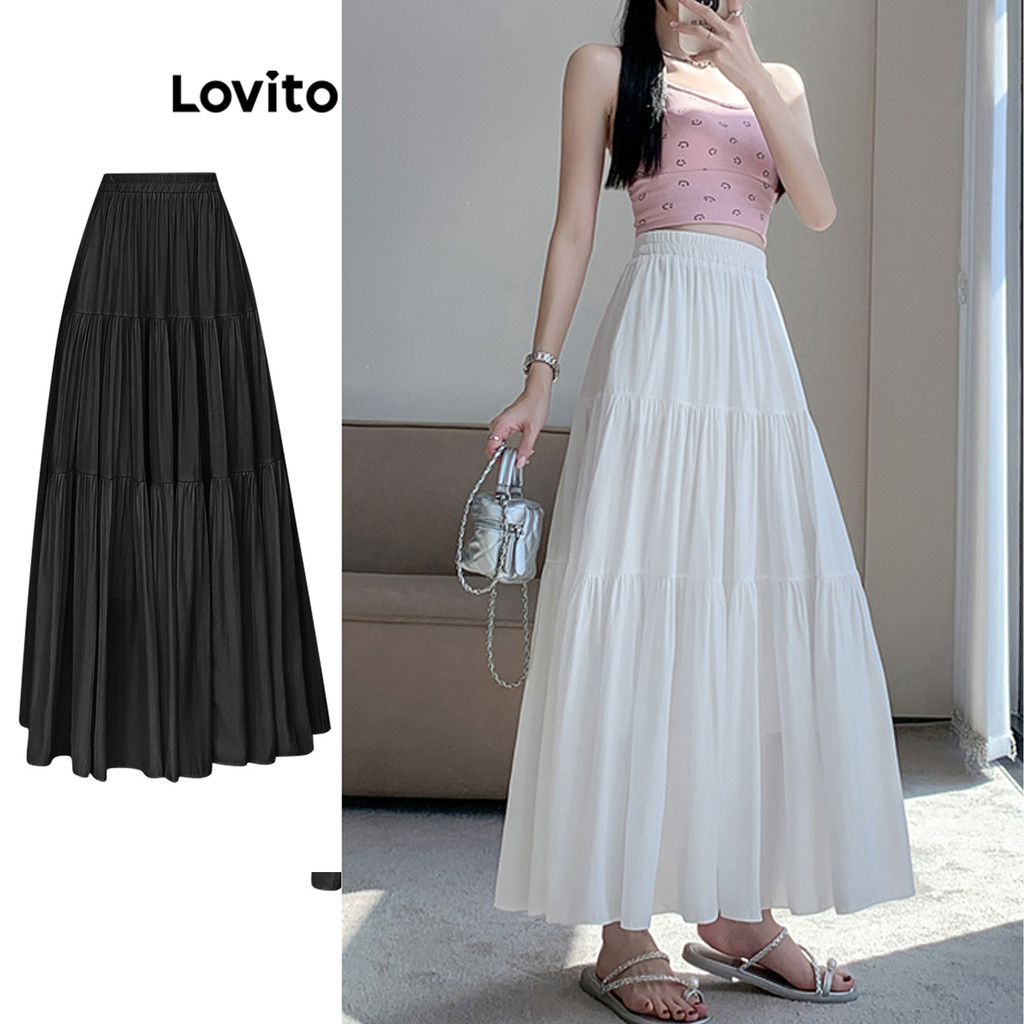 Lovito กระโปรงผู้หญิง แต่งจีบ สีพื้น สไตล์น่ารัก LNA69106