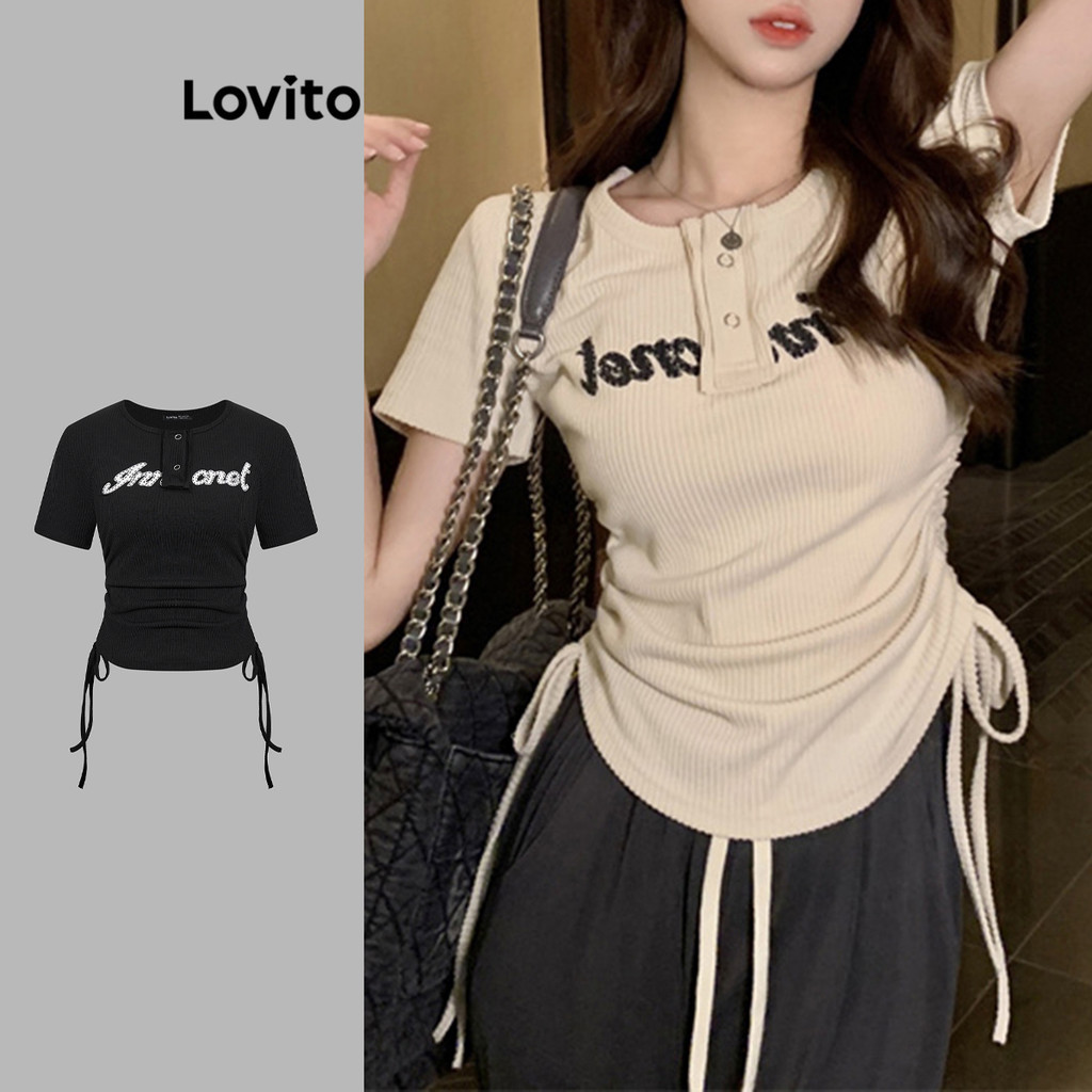 Lovito เสื้อยืดลำลอง ลายตัวอักษร รูดเชือก สำหรับผู้หญิง LNA19255 (หลากสี)